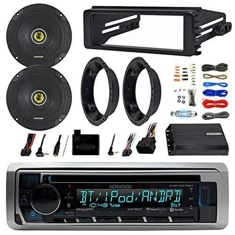 Kenwood KMRD372BT Stereo Bluetooth Receiver W/ Dash Kit Bundle Combo With 2x Kicker 6.5" Speakers W/ Adapter Brackets + Handle Bar Control For 98-2013 Harley Motorcycle + 200 Watt Amp With Install Kit