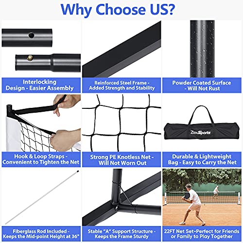 ZENY Portable Pickleball Net Set System with Metal Frame Stand and Regulation Size Net Including Carrying Bag Indoor Outdoor Game