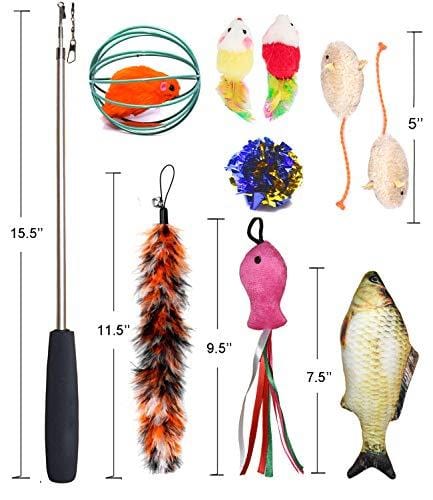 PETOY Cat Toys Set, Cat Retractable Teaser Wand, Catnip Fish, Interactive Cat Feather Toy, Mylar Crincle Balls, Two Cotton Mice, Two Fluffy Mouse