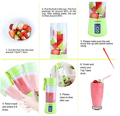 Supkitdin Portable Blender, Personal Mixer Fruit Rechargeable with USB, Mini Blender for Smoothie, Fruit Juice, Milk Shakes, 380ml, Six 3D Blades for Great Mixing (Green)