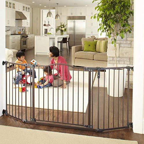 North States 72" Wide Deluxe Décor Baby Gate: Provides safety in extra-wide spaces with added one-hand functionality. Hardware mount. Fits 38.3"-72" wide (30" tall, Bronze)