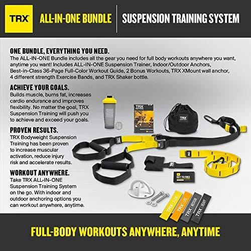 TRX All In One Home Gym Bundle: Includes All-In-One Suspension Trainer, Indoor & Outdoor Anchors, TRX XMount Wall Anchor, 4 Exercise Bands & Shaker Bottle
