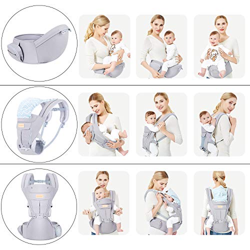 Baby Wrap Carrier with Hip Seat, Windproof Cap, Bite Towel as Well as 6 and 1 Convertible Backpack, Cotton Sling for Infants, Babies and Toddlers - Grey