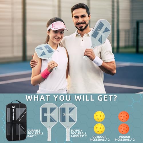 BuyPick Pickleball Paddles Set of 2, USAPA Approved Carbon Fiber Surface Paddles with Anti-Slip Sweat-Absorbing Grip &16MM Racket, Light Pickleball Set with 2 Pickleball Paddle 4 PE Balls& 1 Bag