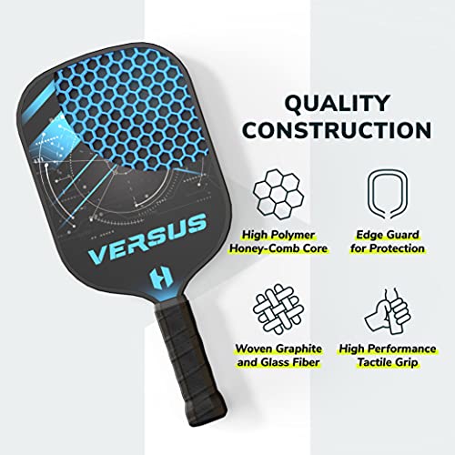 Helium Versus 4-Pack Pickleball Set - Honeycomb Core, Graphite Strike Face, Premium Comfort Grip - Set of Four Paddles, 2 Green Indoor Balls, 2 Yellow Outdoor Balls & Drawstring Bag