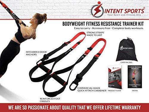Bodyweight Fitness Resistance Trainer Kit with Pro Straps for Door, Pull up Bar or Anchor Point. Lean, Light, Extra Durable for Complete Body Workouts. E-Book "12 Week Program" (Patent Pending)