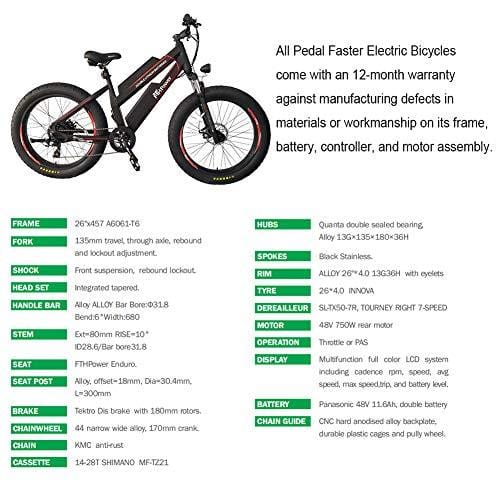 Pedal Faster Huge Capacity （23.2Ah in Total） Dual Removable Lithium-ion Batteries 26'' 4.0inch Fat tire Aluminum Electric Bike 48V 750W Fat Tire Beach Snow Electric Bicycle with Shimano 7 Speeds