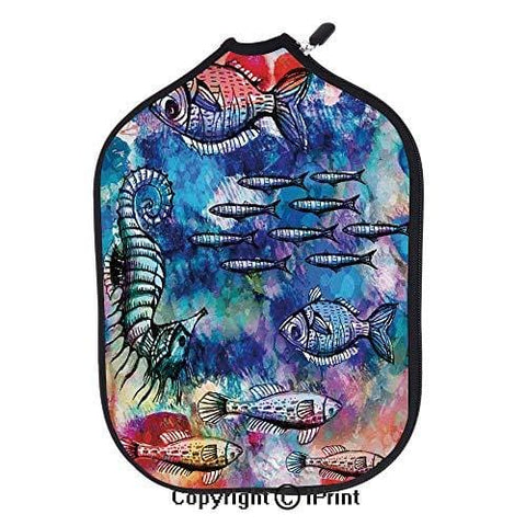 Lightweight Neoprene Single Pickleball Paddle Cover,Sea Creatures Watercolor Painting Effect Batik Print Decorative(Size:8.23" x 11.4"),Fit for Most Rackets