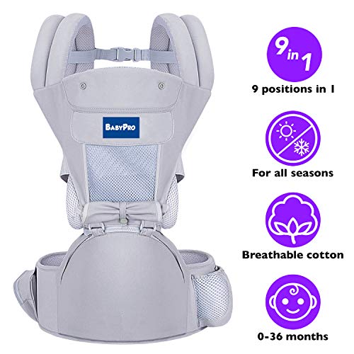 BabyPro Baby Carrier with Hip Seat, 9 Ergonomic Positions, All Season Baby Sling for Newborns Infants Toddlers, Hands Free Baby Carrier Wrap Front and Backpack for Traveling, Hiking and Breastfeeding
