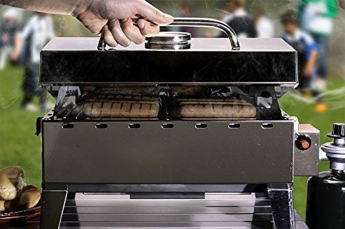 Camco Stainless Steel Portable Propane Gas Grill, Convenient Size For Tailgating, Camping, RV, Picnicking, Home and Boats, Includes Storage Bag (125 Square Inches Of Cooking Surface)