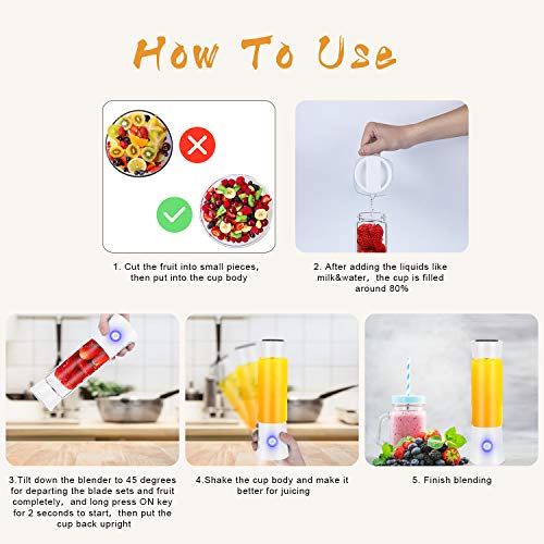 Portable Blender, Personal Blender for Shakes and Smoothies, 6 Stainless Steel Blades Cordless USB Rechargeable Juicer Cup with 4000mAh Batteries, Handheld 16oz Mini Travel Blender Small Fruit Mixer Detachable for Home Office Gym Outdoor, White