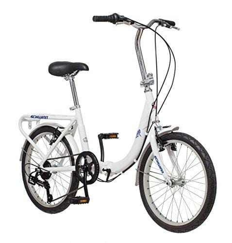 Schwinn Loop Folding Bicycle, Featuring Front and Rear Fenders, Rear Carry Rack, and Kickstand with 7-Speed Drivetrain, Includes Nylon Carrying Bag, 20-Inch Wheels, White