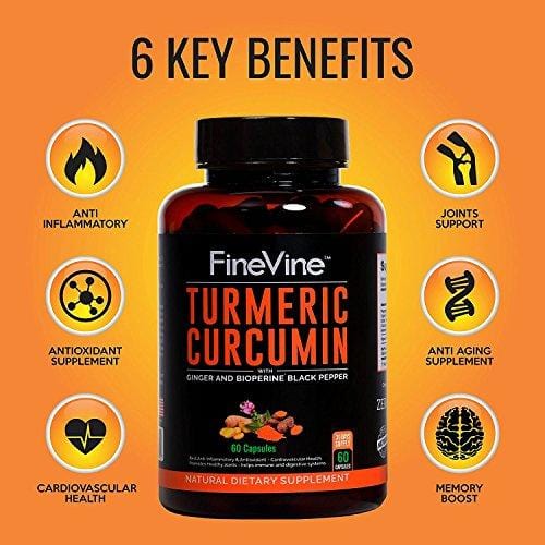 Turmeric Curcumin with BioPerine Black Pepper and Ginger - Made in USA - 60 Vegetarian Capsules for Advanced Absorption, Cardiovascular Health, Joints Support and Anti Aging Supplement (60 Capsules)