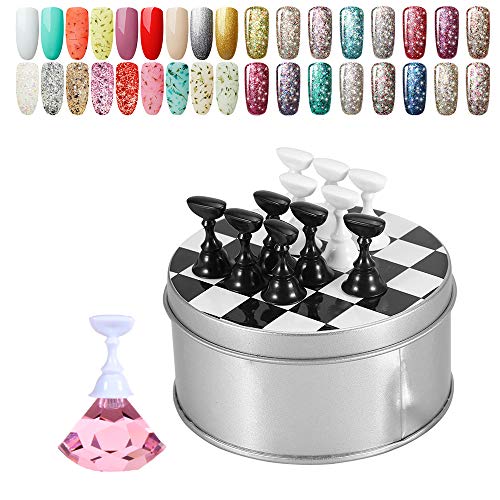 Kalolary 1 Set Nail Art Holder Practice Stand for Nail Art Display, Magnetic Nail Art Tips Holders Crystal Nail Holder Chessboard Fingernail DIY Nail Art Display Stand Training Practice Display Stand