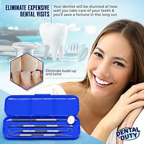 Professional Dental Hygiene Kit - Calculus & Plaque Remover Set - Stainless Steel Tarter Scraper, Tooth Pick, Dental Scaler And Mouth Mirror.Dentist Home Use Tools (blue)
