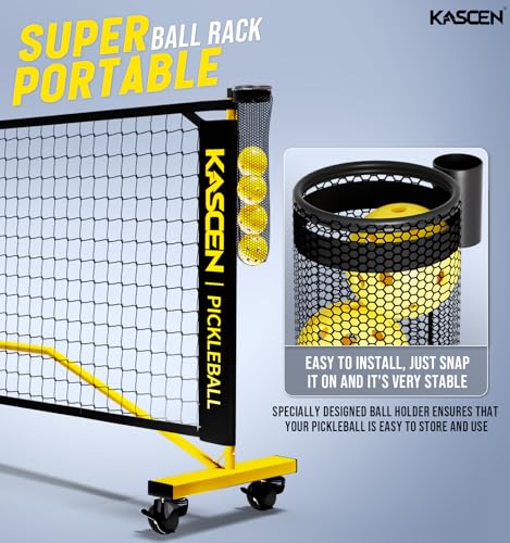 Kascen Portable Pickleball Net with Wheels - 22FT USAPA Pickleball Net for Driveway, Pickle Ball Net System with Exclusive Ball Holder & 4 Pickleballs, Pickleball Net for Outdoor Indoor Backyard Black