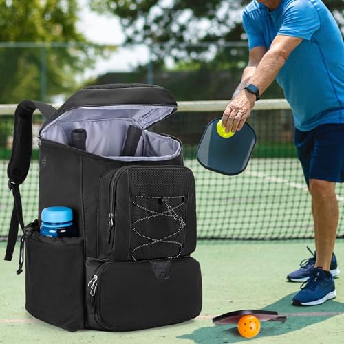 GOBUROS Pickleball Paddle Bag Backpack for 4 Rackets with Fence Hook, Pickleball Equipment Bag with Shoe Compartment for Men Women, Black, Bag Only