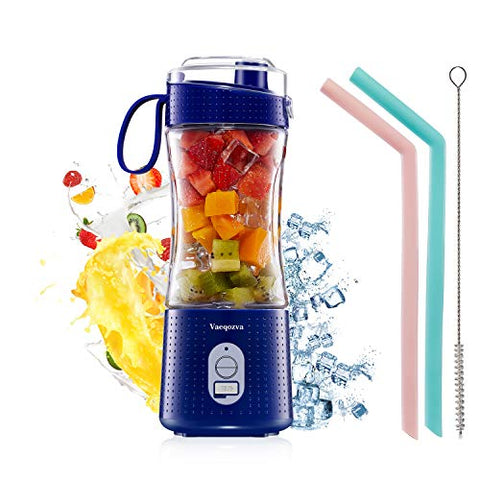 Portable Handhold Blender with Drinking Spout and Straws - Vaeqozva Personal 3D 6 Blades 4000mAh USB Rechargeable Mini Juicer Cup for Smoothie and Shakes-Navy Blue