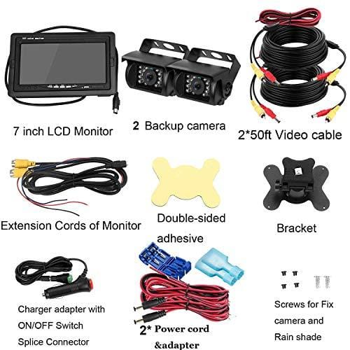 HD 720P Backup Camera and 7" Monitor Kit, 2 Cameras for School Bus/Trailer/RV/Truck/Pick up/Van Rear View Camera Single Power System IP68 Waterproof Night Vision Driving/Reversing Use