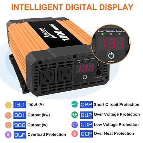 Ampeak 1000W Power Inverter Truck/RV Inverter 12V DC to 110V AC Converter with Dual AC Outlets 2.1A USB Modified Sine Wave Inverter