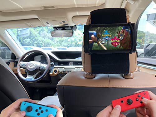Car Headrest Mount Silicon Holder for Nintendo Switch Console, iPad Mini, Kindle Paperwhite with 3-in-1 Charging Cable (Black)