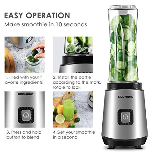 Redmond Smoothie Blender 20000 RPM Countertop Blender Personal Size with 20 oz Portable Bottle for Milk Shakes Fruit Vegetable 300W BPA Free