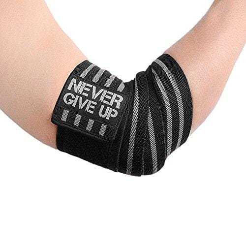 HYFAN Professional Elbow Wraps Elastic Straps Brace Support Protector for Weightlifting Workout Bodybuilding Gym Fitness (Four Stripe, Gray)