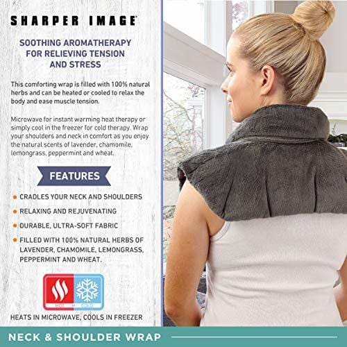 Sharper Image Neck and Shoulder Wrap Pillow Hot and Cold Microwavable Heating Pad with Herbal Aromatherapy for Muscle Pain and Tension Relief Therapy, Cold Compress, Natural Lavender Scent (Gray)