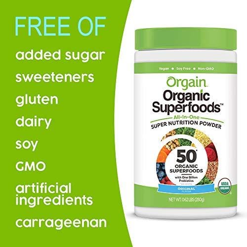 Orgain Organic Green Superfoods Powder, Original - Antioxidants, 1 Billion Probiotics, Vegan, Dairy Free, Gluten Free, Kosher, Non-GMO, 0.62 Pound (Packaging May Vary)