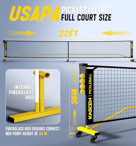 Kascen Portable Pickleball Net with Wheels - 22FT USAPA Pickleball Net for Driveway, Pickle Ball Net System with Exclusive Ball Holder & 4 Pickleballs, Pickleball Net for Outdoor Indoor Backyard Black