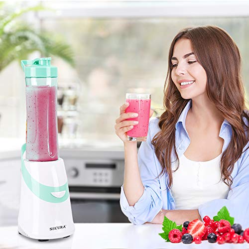 Secura 300W Personal Blender for Shakes and Smoothies | Stainless Blade | 2 (20 oz) Single Serving Bottles with Travel Lids, Green