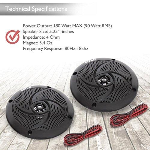 Pyle Marine Speakers - 5.25 Inch Low Profile Slim Style Waterproof Wakeboard Tower and Weather Resistant Outdoor Audio Stereo Sound System with 180 Watt Power - 1 Pair in Black (PLMRS5B)