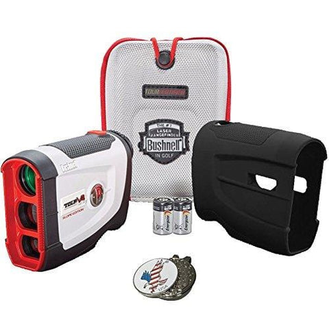 Bushnell 2017 Tour V4 Shift Slope Edition Patriot Pack Golf Laser Rangefinder + 2(two) CR2 Batteries + 1 Custom Ball Marker Clip Set (American Eagle) + Black Silicon Skin