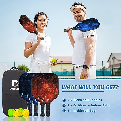 DULCE DOM Pickleball Paddles Set of 4, USAPA Approved Fiberglass Surface Pickleball Set with Pickleball Paddles, 4 Pickleball Balls and Pickleball Bag, Pickle Ball Rackets Gifts for Beginners & Pros