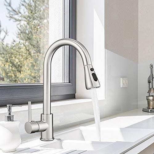 Hoimpro Commercial High-Arc Single Handle Kitchen Sink Faucet With Pull Out Sprayer, Modern Rv kitchen Faucet With Pull Down Sprayer, 3 Function Touch Water Faucet, Brass/Brushed Nickel(1 or 3 Hole)
