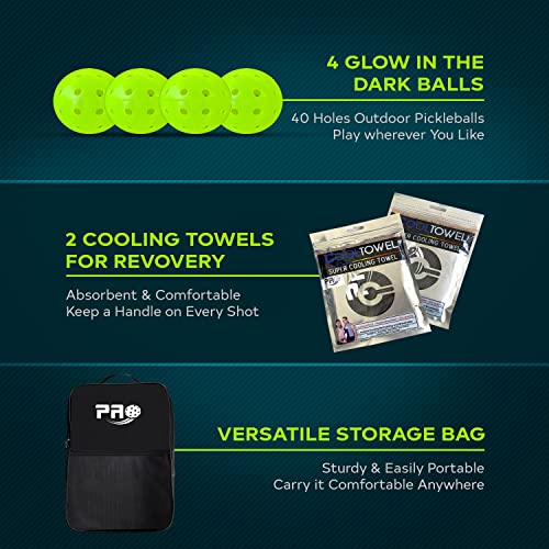 PRO Pickleball Glow in The Dark Paddle Edge and Balls Set. Graphite Carbon Fiber face Cushion with Honeycomb core More Lightweight and Durable