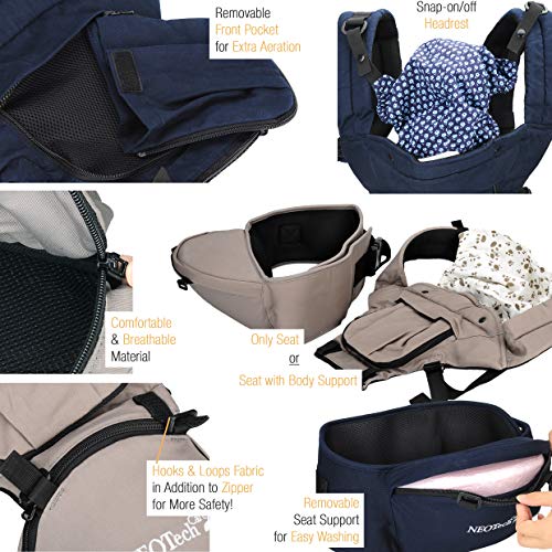Baby Carrier Hip Seat 100% Cotton - Pocket & Removable Hoodie/Head Support - Adjustable & Breathable - Neotech Care Brand - for Infant, Child, Toddler - Grey