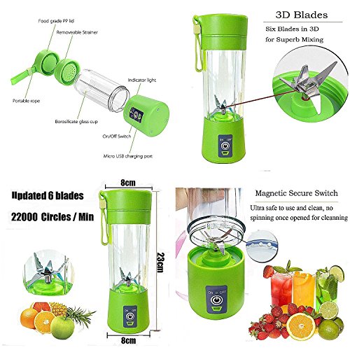 Portable blender Personal 6 Blades Juicer Cup Household Fruit Mixer, With Magnetic Secure Switch, USB Charger Cable 380ML(Green)