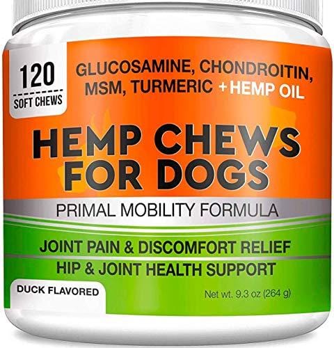 Pets Primal Hemp Hip & Joint Supplement for Dogs - Mobility Chews w/Glucosamine for Dogs - Joint Pain Relief - Reduce Inflammation - w/Chondroitin, MSM, Turmeric, Organic Hemp Seed Oil, Hemp Protein