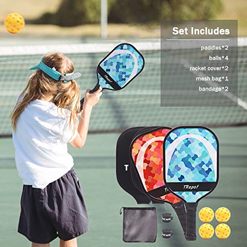 Trepot Pickleball Paddles Set of 2,Graphite Surface Honeycomb Core Polypropylene Lightweight Pickleballs Racket,Includes 4 Pickleball Balls & 2 Protective Cases & 2 Overgrip Rolls (Blue)