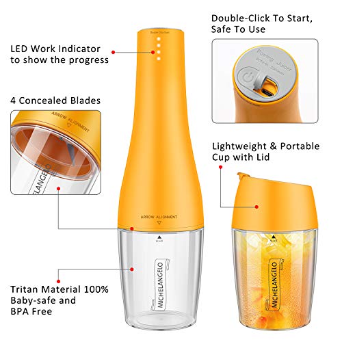 MICHELANGENLO Portable Blender for Shakes and Smoothies, Single Serve Blender Mini Smoothie Blender with Travel Cup and Lids, Travel Blender Juice Mixer Maker -Orange