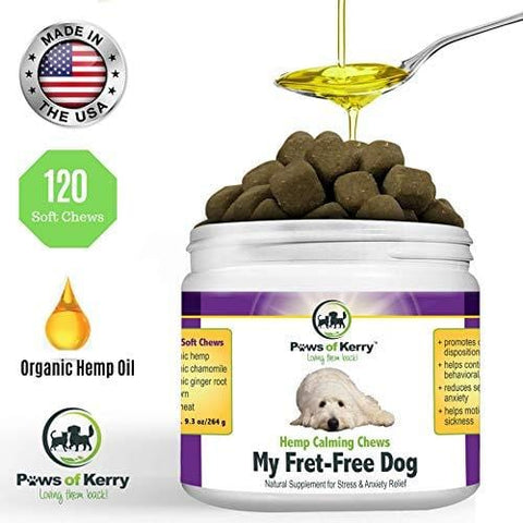 Paws of Kerry #1 Calming Treats for Dogs Anxiety, Natural Relief from Separation Anxiety, Organic Hemp Oil Soft Chews & Calm Aid for Motion Sickness, Storms, L-Tryptophan & Organic Chamomile |120 Soft