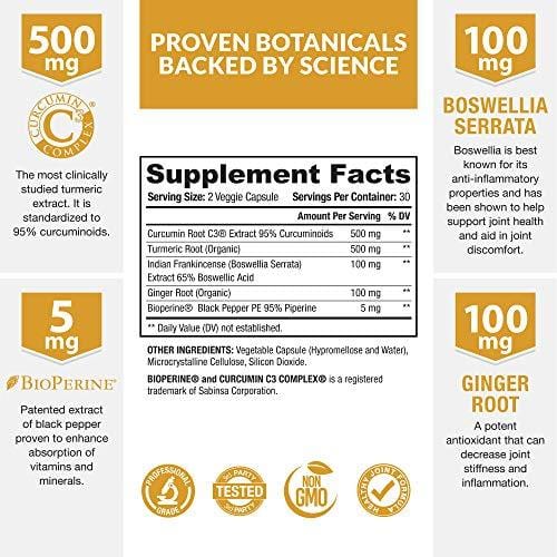 Organic Turmeric Curcumin C3® Complex - Bioperine Black Pepper, Boswellia & Ginger - [Clinically Proven C3 Turmeric] - 95% Standardized Curcuminoids - Inflammation & Joint Supplement, 60 Capsules
