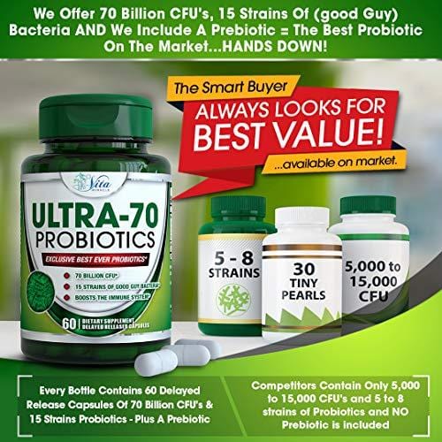 Probiotic 70 Billion CFU Patented Delayed Release Shelf Stable Probiotic Supplement with Prebiotics and Lactobacillus acidophilus - Best Probiotics for Women and Men (1 Pack)