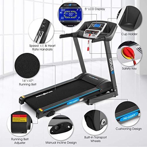 Goplus 2.25HP Electric Folding Treadmill with Incline, Walking Running Jogging Fitness Machine with Blue Backlit LCD Display for Home & Gym Cardio Fitness (Black Jaguar Ⅱ)