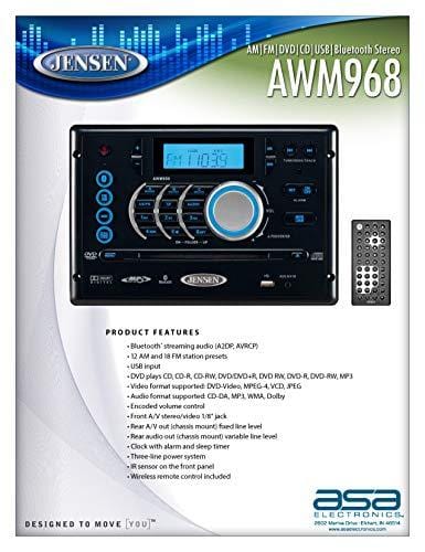 Jensen AWM968 AM/FM/CD/DVD/USB Bluetooth Stereo, Front USB supports MP3/WMA, DVD Player CD, CD-R, CD-RW, DVD/DVD+R, DVD RW, DVD-R, DVD-RW, DVD-Video, MPEG-4, VCD, JPEG and MP3/WMA Compatible