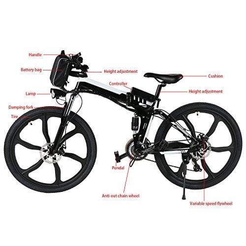 Yiilove Electric Mountain Bike 26'' Wheel Ebike 36V Lithium-Ion Battery, Electric Bicycle 250W Powerful Motor, Shimano 21 Speed (Type2-26-Foldable-Black)