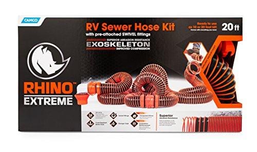 Camco RhinoEXTREME 20ft RV Sewer Hose Kit, Includes Swivel Fitting and Translucent Elbow with 4-In-1 Dump Station Fitting, Crush Resistant, Storage Caps Included - 39867