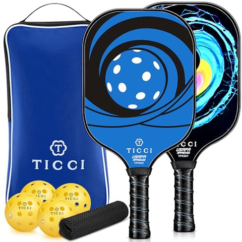 TICCI Pickleball Paddle Set 2 Premium USAPA Approved Graphite Craft Rackets Honeycomb Core 4 Balls Ultra Cushion Grip Portable Racquet Case Bag Gift Kit Men Women Indoor Outdoor (G Blue Kit)