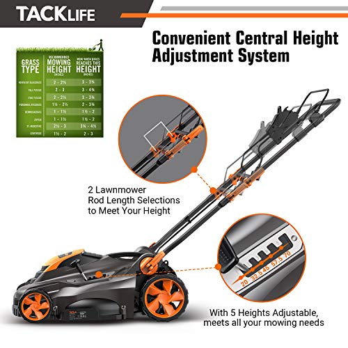TACKLIFE Lawn Mower, 16-Inch 13-Amp Electric Lawn Mower, 5 Adjustable Mower Heights, Adjustable and Foldable Handlebars, Low Noise, Tool-Free Assembly, 13.2Gal Grass Box - KALM1540A